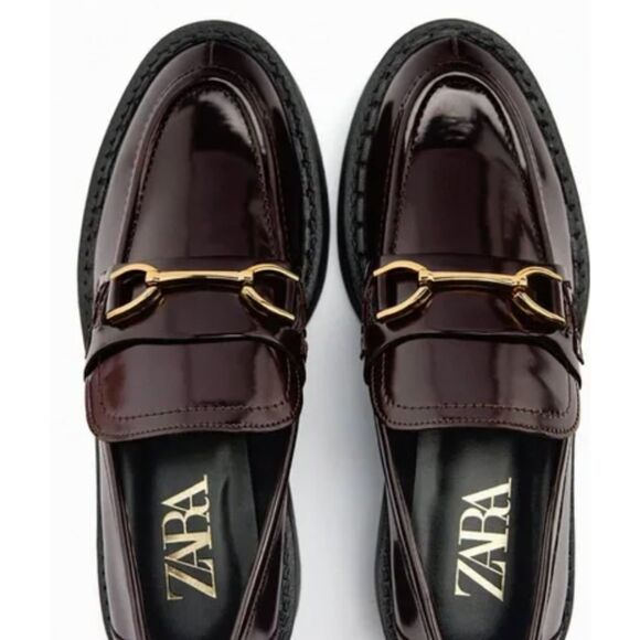 Zara Burgundy Patent Leather Penny Loafers Chunky Size 8 - Picture 2 of 6
